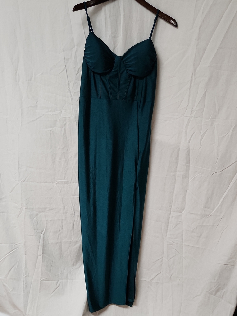 Satin Spaghetti-Strap Maxi Dress in Teal
